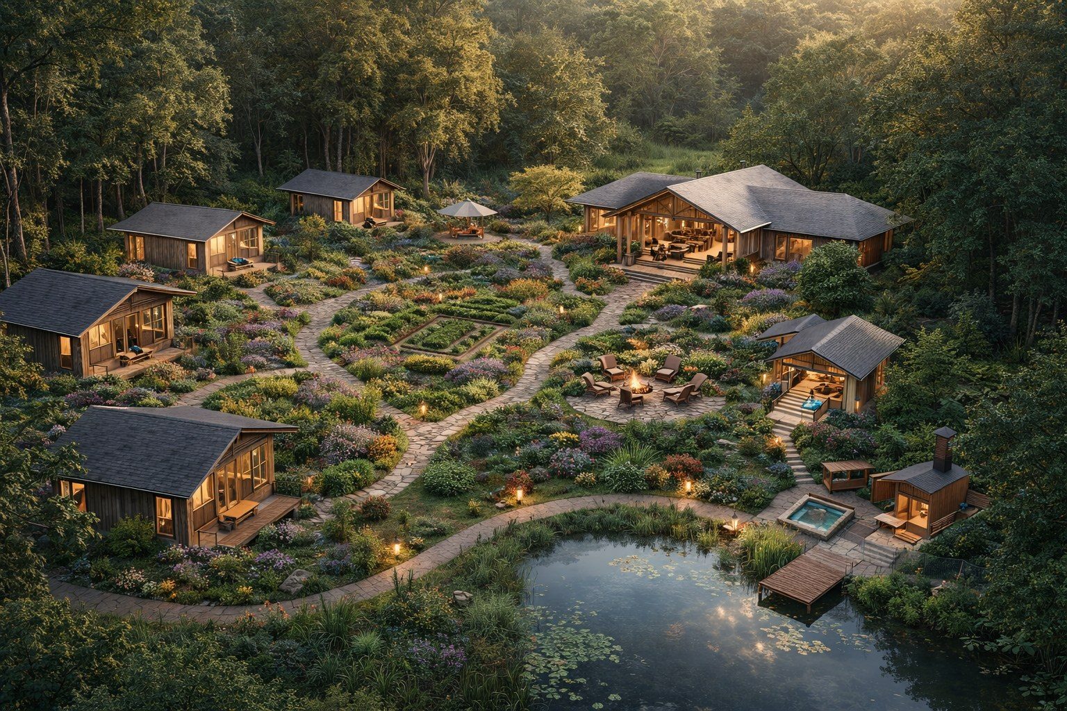 Concept rendering of a future retreat: cabins among wildflower gardens around a pond at golden hour
